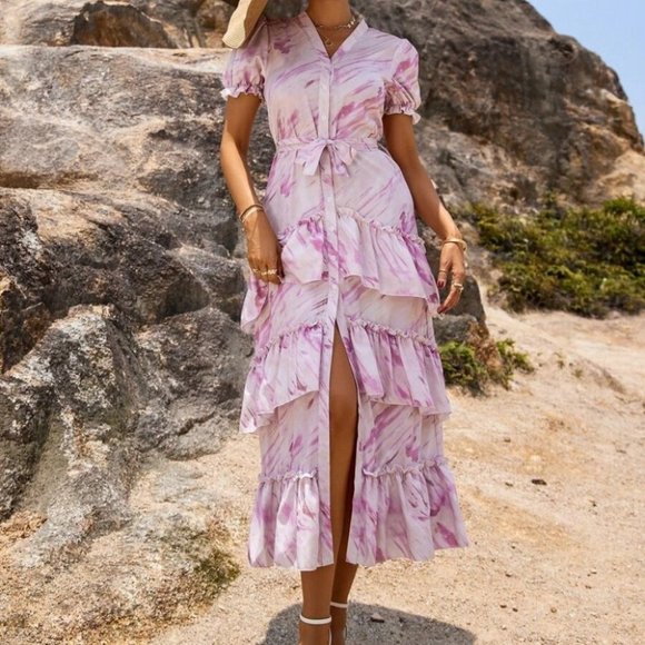 Tie Dye Layered Hem Puff Sleeve Belted Maxi  Dress - Picture 6 of 6